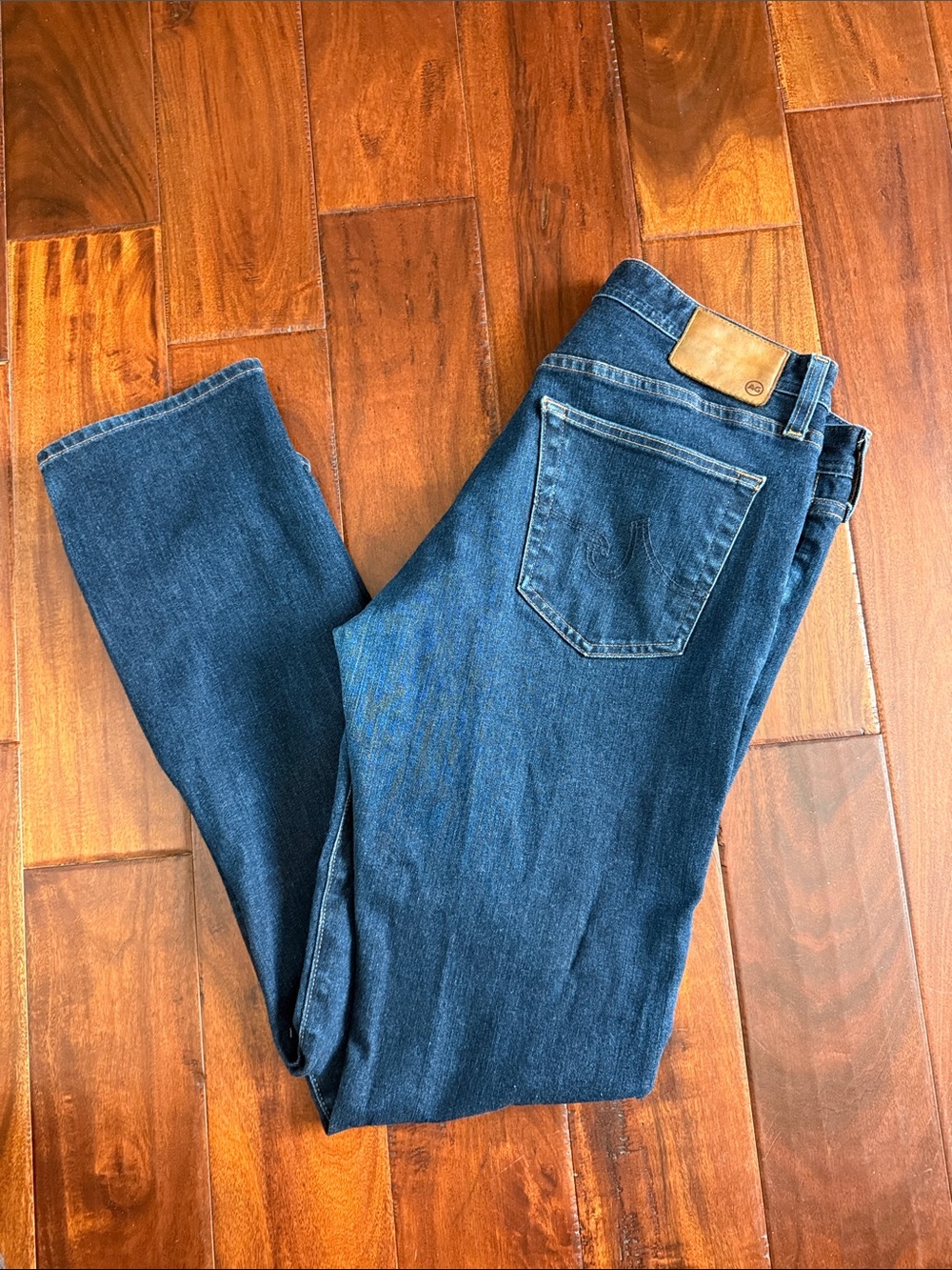 AG Adriano Goldschmied Straight Leg Jeans - Dark Blue with Tan Patch